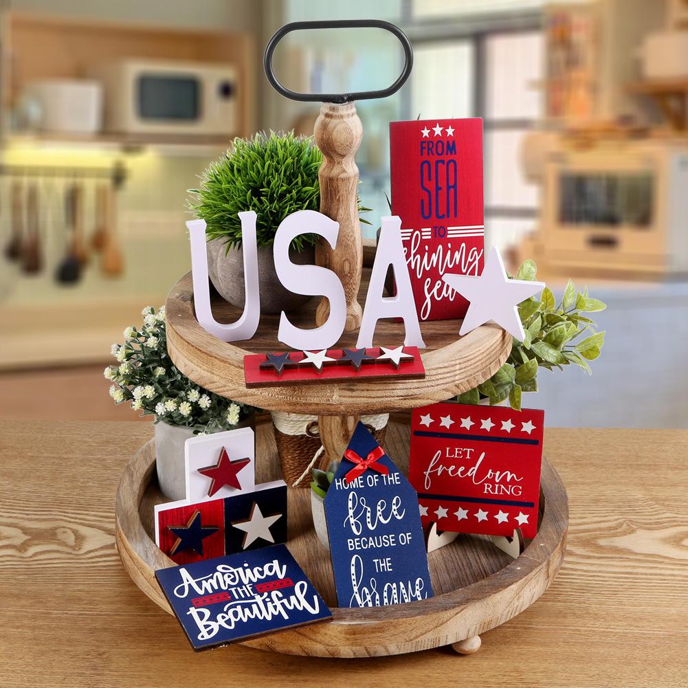 American Independence Day Layered Tray Wooden Ornaments Multipurpose Layout Props Theme Party Decorations