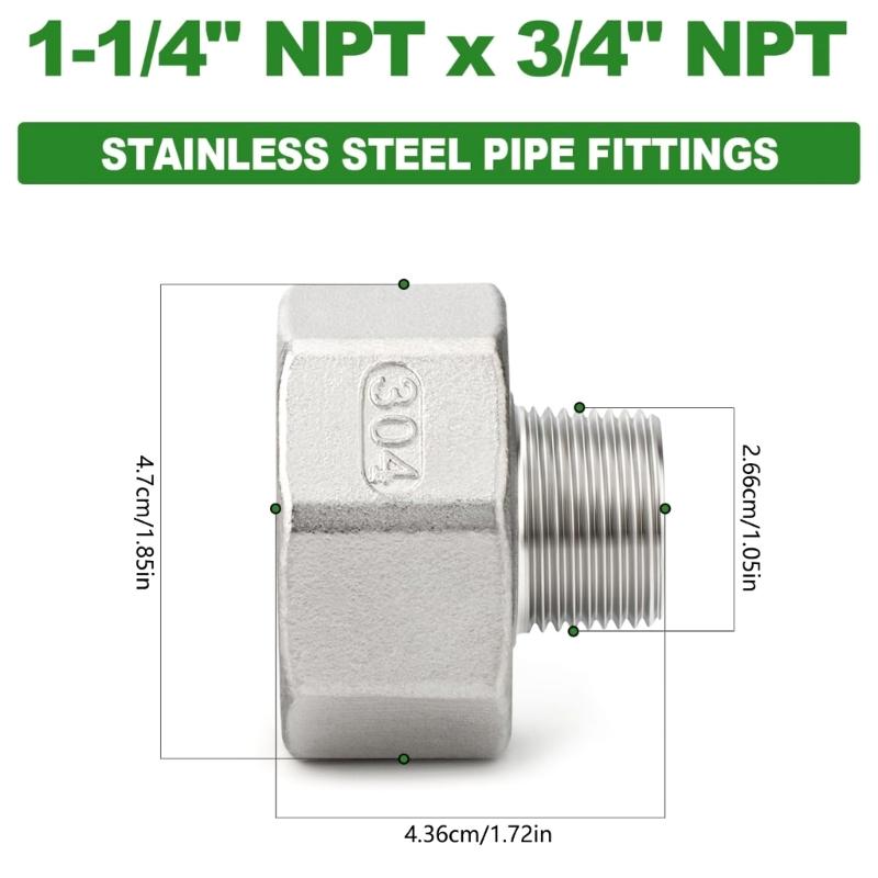  Industrial Grade Stainless Steel NPT Fitting 1.2 Inch to 3/4 Pipe Connection