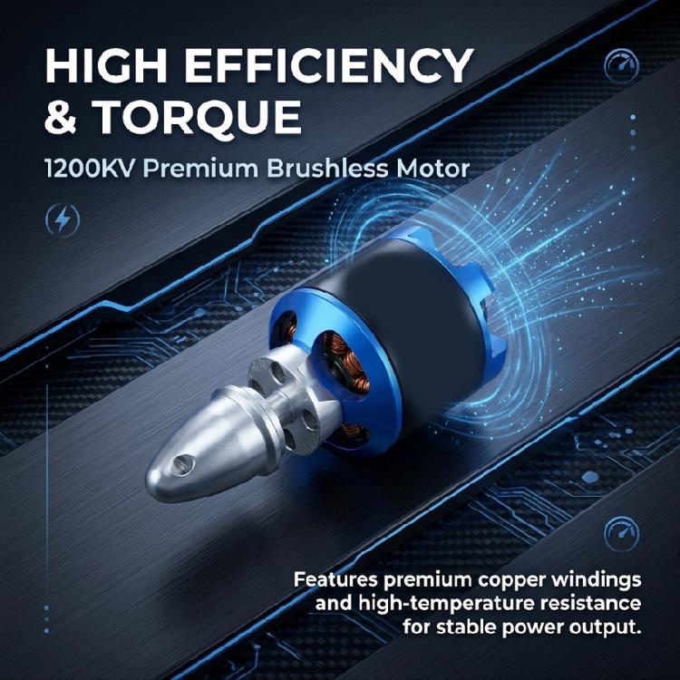 Model Aircraft 1200Kv Brushless Motor with Brushless Construction, Metal Housing, Visible Front Mounting Holes, Shaft Adapter, and Rear External Wire