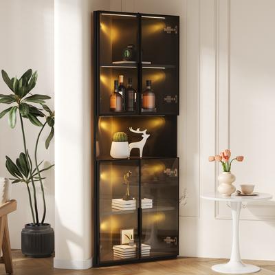 Dreieckiger Vitrinenschrank 62x32x160cm, Schwarzer Eckschrank, Glasfront, LED-Beleuchtung, Offenes Mittelfach, für Sammlerstücke, Brillen & Dekoration