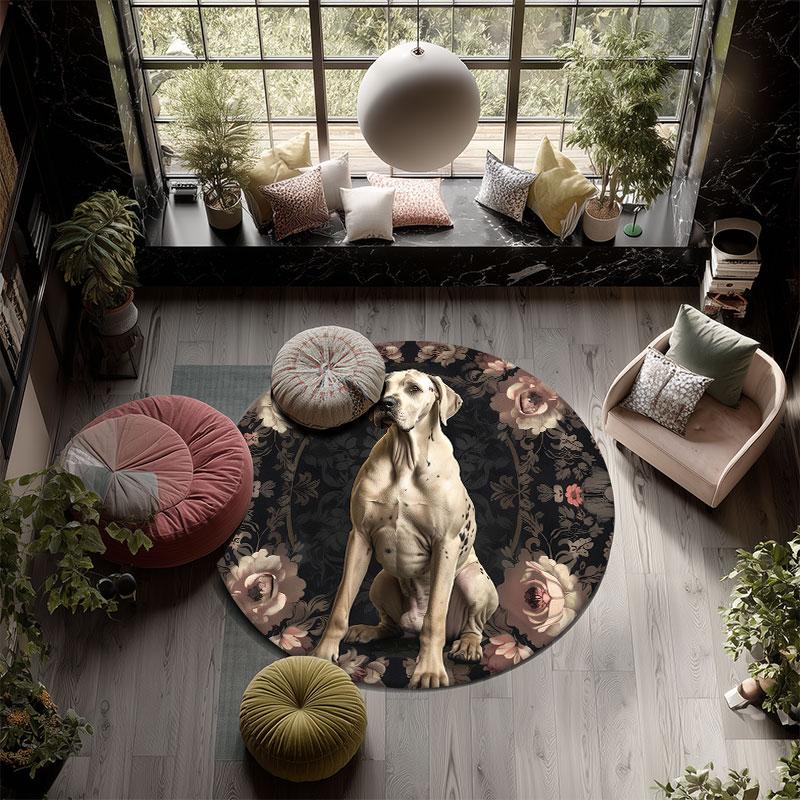 Dogs & Vintage Flowers Pattern Round rug,Carpet Rug for Living Room Bedroom Playroom ,Non-slip Floor Mat,Holiday Gifts and Birthday Gifts.
