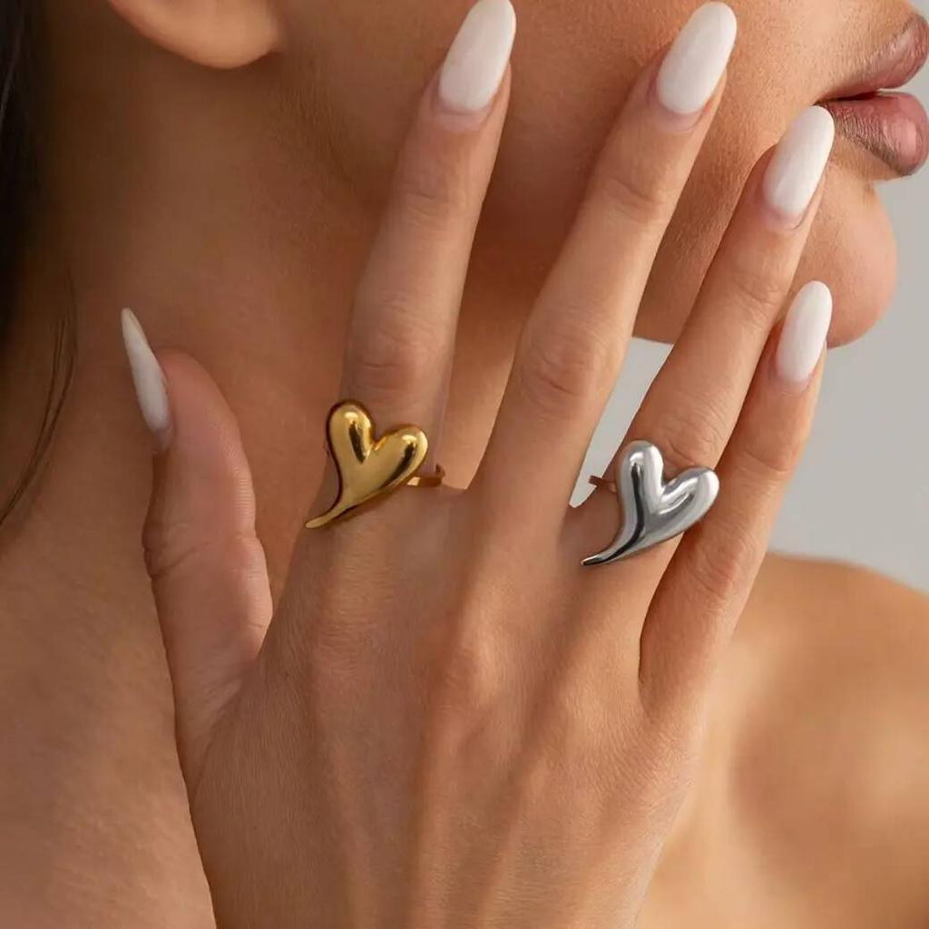 SHIXIN Vintage Exquisite Y2K Smooth Pointed Heart Open Ring for Women Simple Gold Color Metal Irregular Finger Ring Jewelry Gift