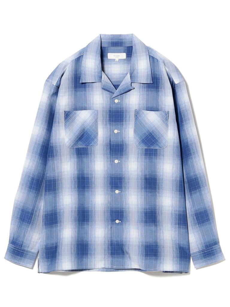 B:MING LIFE STORE by BEAMS Men's Large/Small Polyester Check Open Collar Shirt, Blue, Size M