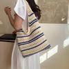 Chic Blue & White Striped Knit Crochet Shoulder Bag Versatile Large Capacity Hollow Out Casual Tote for Women Summer Beach Vacations AVE