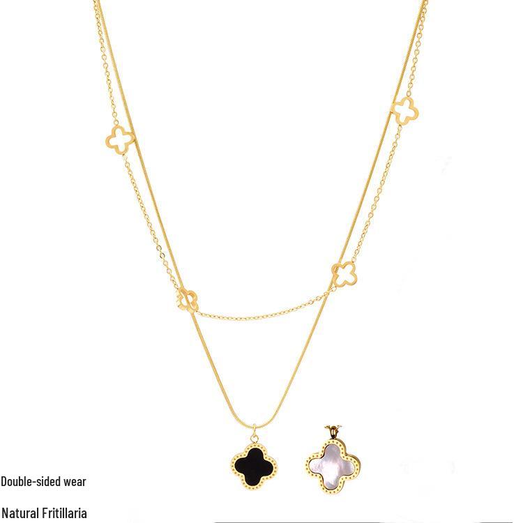 

Wenjian Light Luxury Four-Leaf Clover Double Layer Titanium Steel Necklace for Women