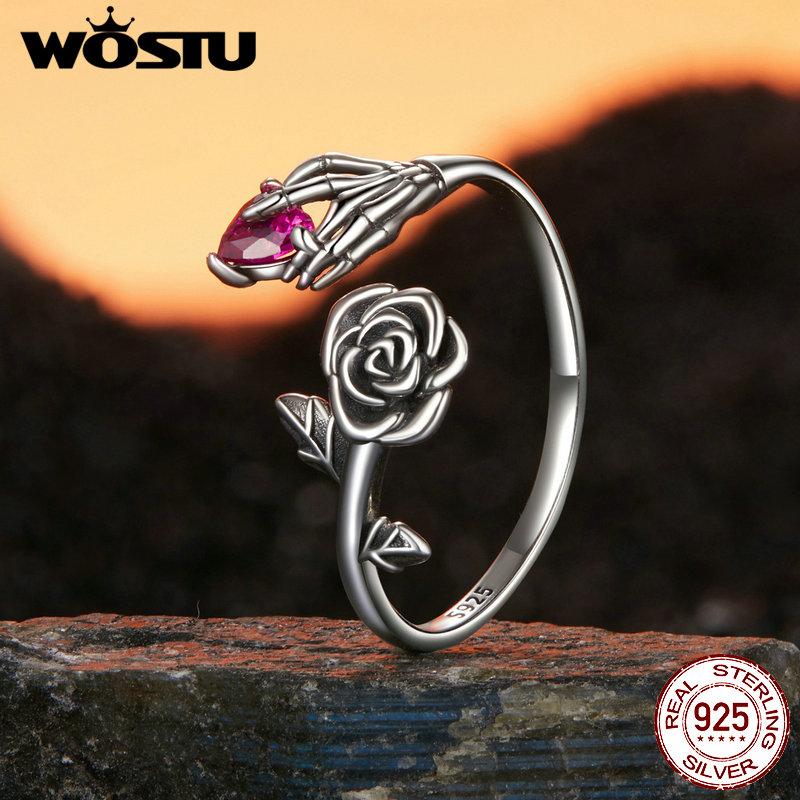 WOSTU 925 Sterling Silver Rose Skeleton Hand Open Ring For Women Punk Gift Wing Heart Adjustable Rings Party Jewelry Hip Hop