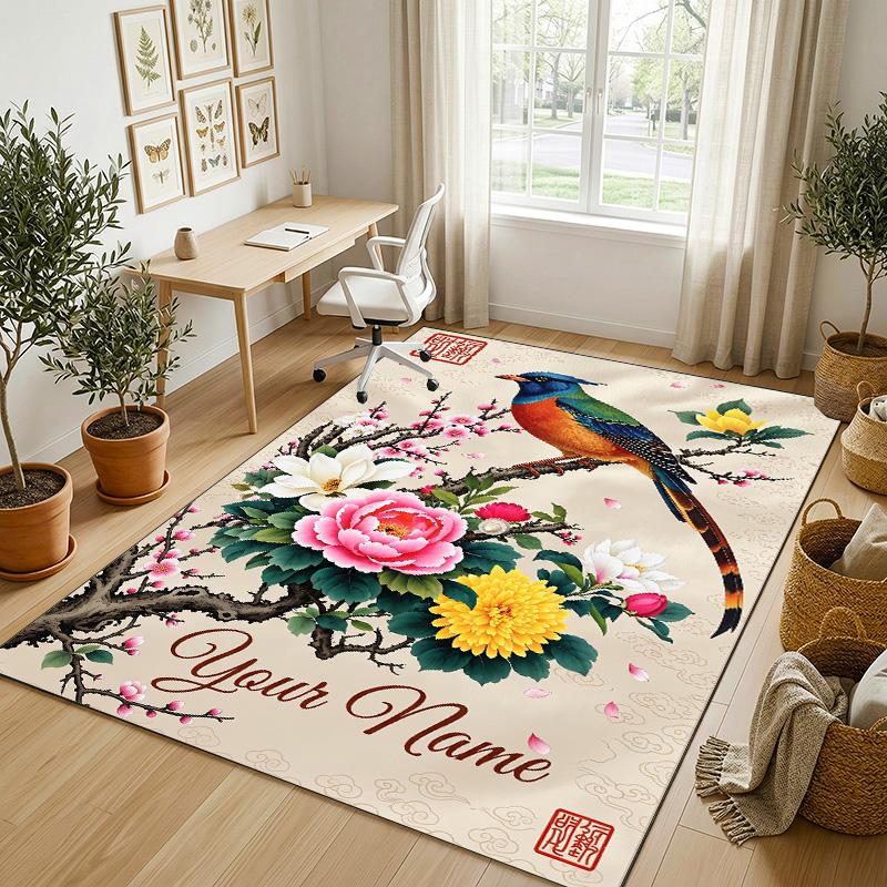 Beetle Floral Theme Soft Crystal Velvet Rug Custom Name & Text Print Non Slip Floor Rug for Bedroom Living Room
