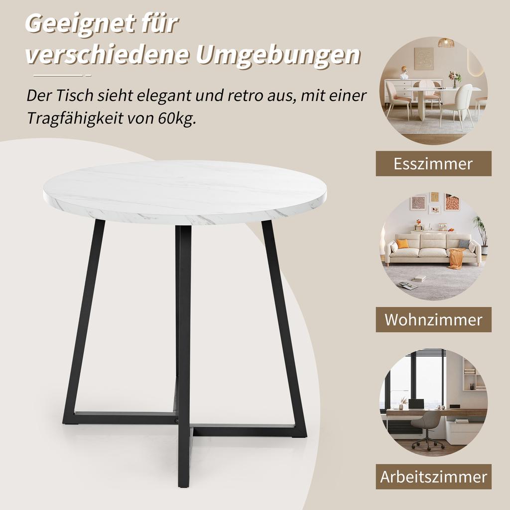 Set tavolo da pranzo moderno (5 pezzi) con 4 sedie, tavolo da cucina rotondo con 80 cm di diametro e gambe in metallo nero, piano in MDF bianco, sedie in velluto nero