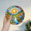 2D Flat Stained Glass Sun Flower Lakeside Window Decoration, 6.3/7.87inches Colored Glass Plate with Chain, Charming Indoor/Outdoor Sun Catcher Home