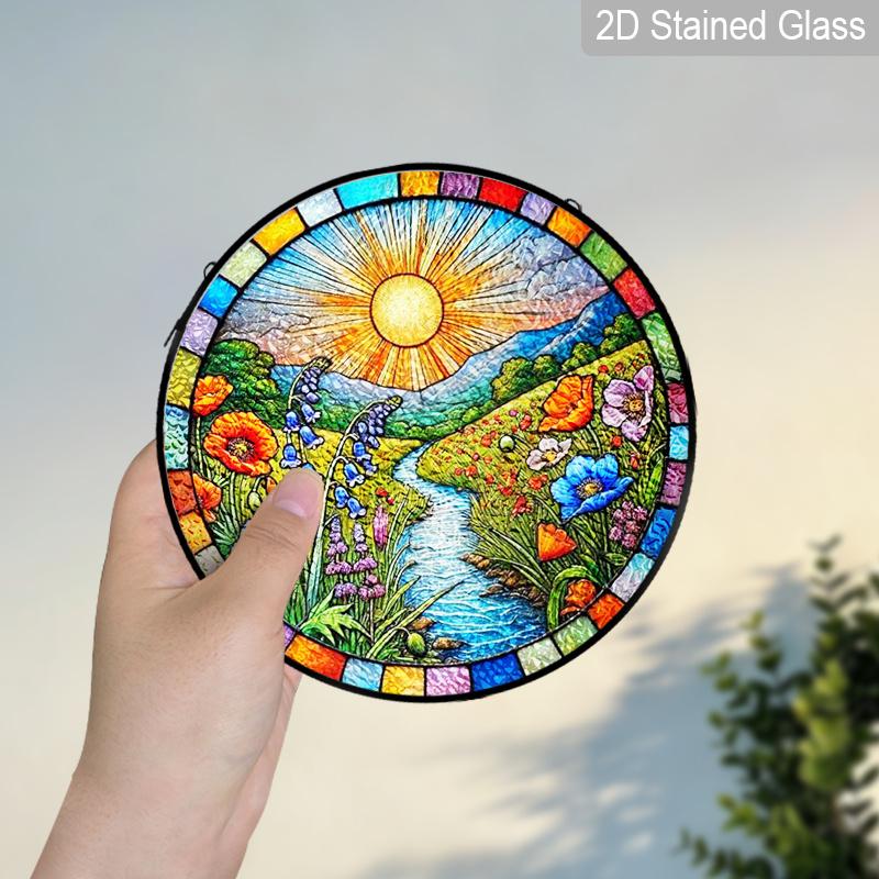 2D Flat Stained Glass Sun Flower Lakeside Window Decoration, 6.3/7.87inches Colored Glass Plate with Chain, Charming Indoor/Outdoor Sun Catcher Home