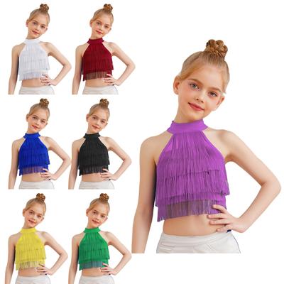Eye-Catching Strappy Back Crop Top for Girls: Sleeveless Fringe Vest with Tiered Tassels for Dance Recital & Competition