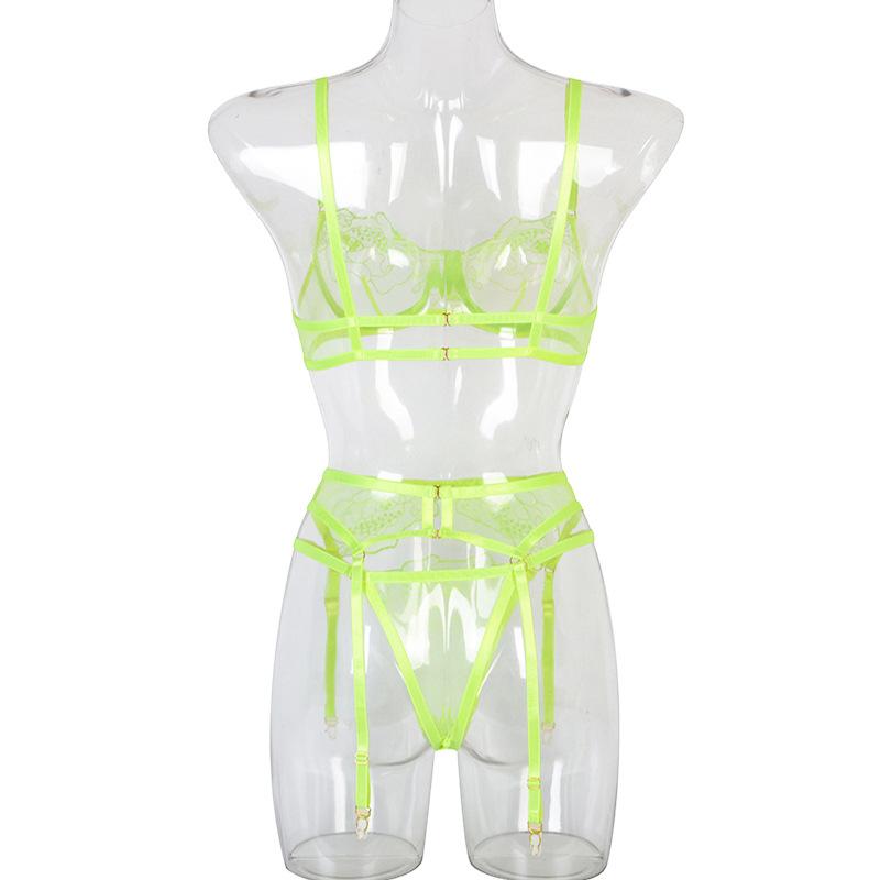 Erotické spodní prádlo Dámské tenké síťované vyšívání Sexy spodní prádlo Ocelový prsten Sada spodního prádla s podprsenkou t-kalhoty Sada sexy spodního prádla