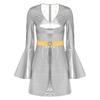 Womens 70s Disco Costume V Neck Flared Sleeve Crystal Decor Metallic Shiny Bodycon Dress