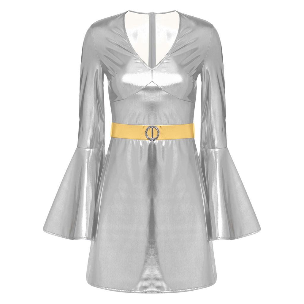Womens 70s Disco Costume V Neck Flared Sleeve Crystal Decor Metallic Shiny Bodycon Dress