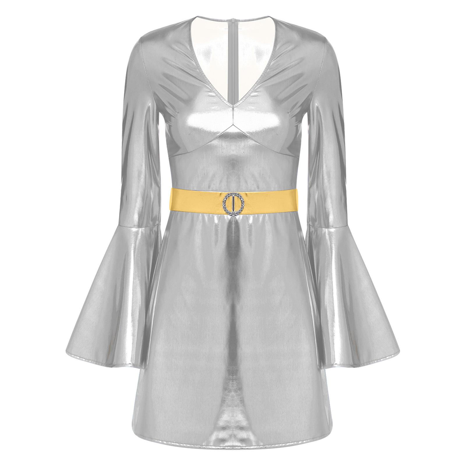 

Жіночий костюм диско 70-х з V-подібним вирізом, рукавами-кльош, кристальним декором, металевою блискучою облягаючою сукнею S срібний