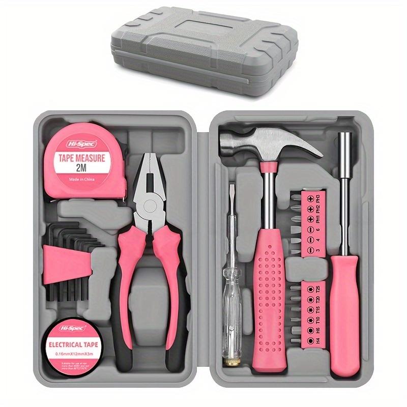Gentle Care] Hi-Spec Pink Home Repair Tool Kit - Portable Hand Tool Set with Hammer, Vise, Wrenches,Organized Tool Storage