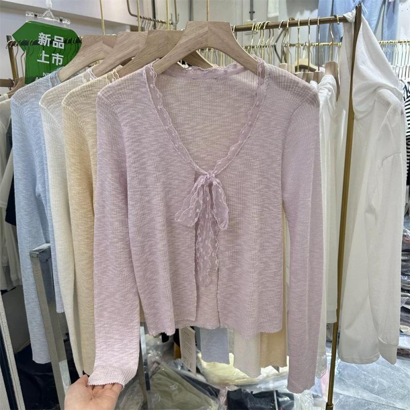 Women's Clothing, Summer New Sweet and Lazy Lace Straps Knitted Cardigan Women's Short Long-sleeved Top