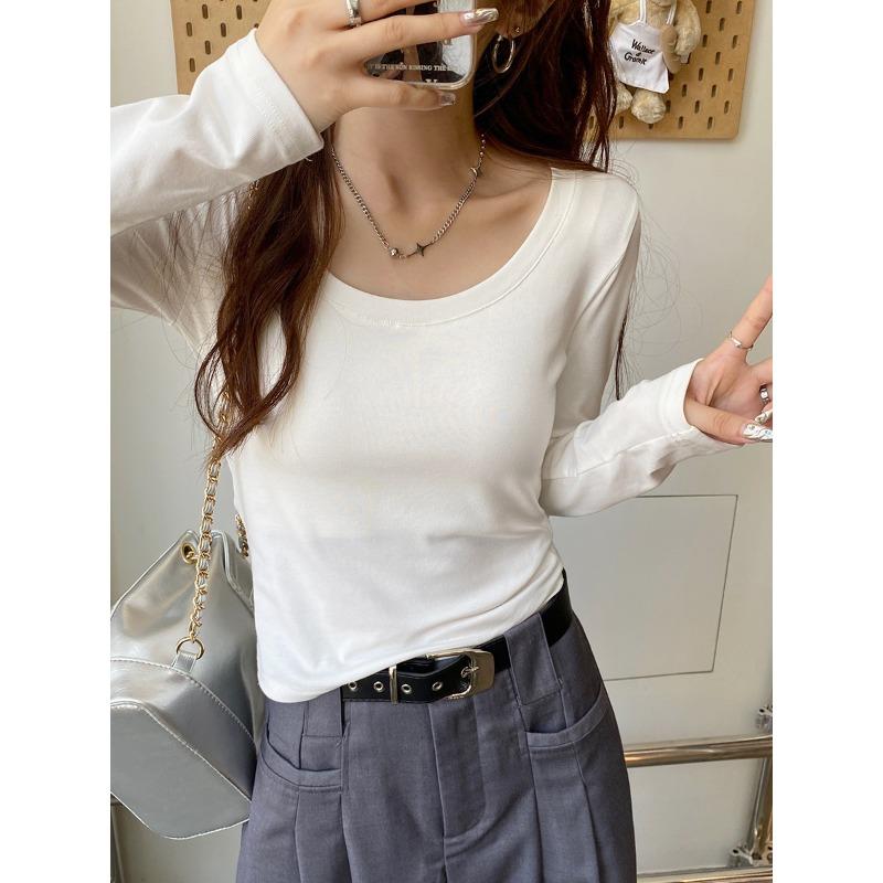 White knitted bottoming shirt women's new autumn and winter round neck inner long-sleeved slim-fitting low-necked Spice Girl top
