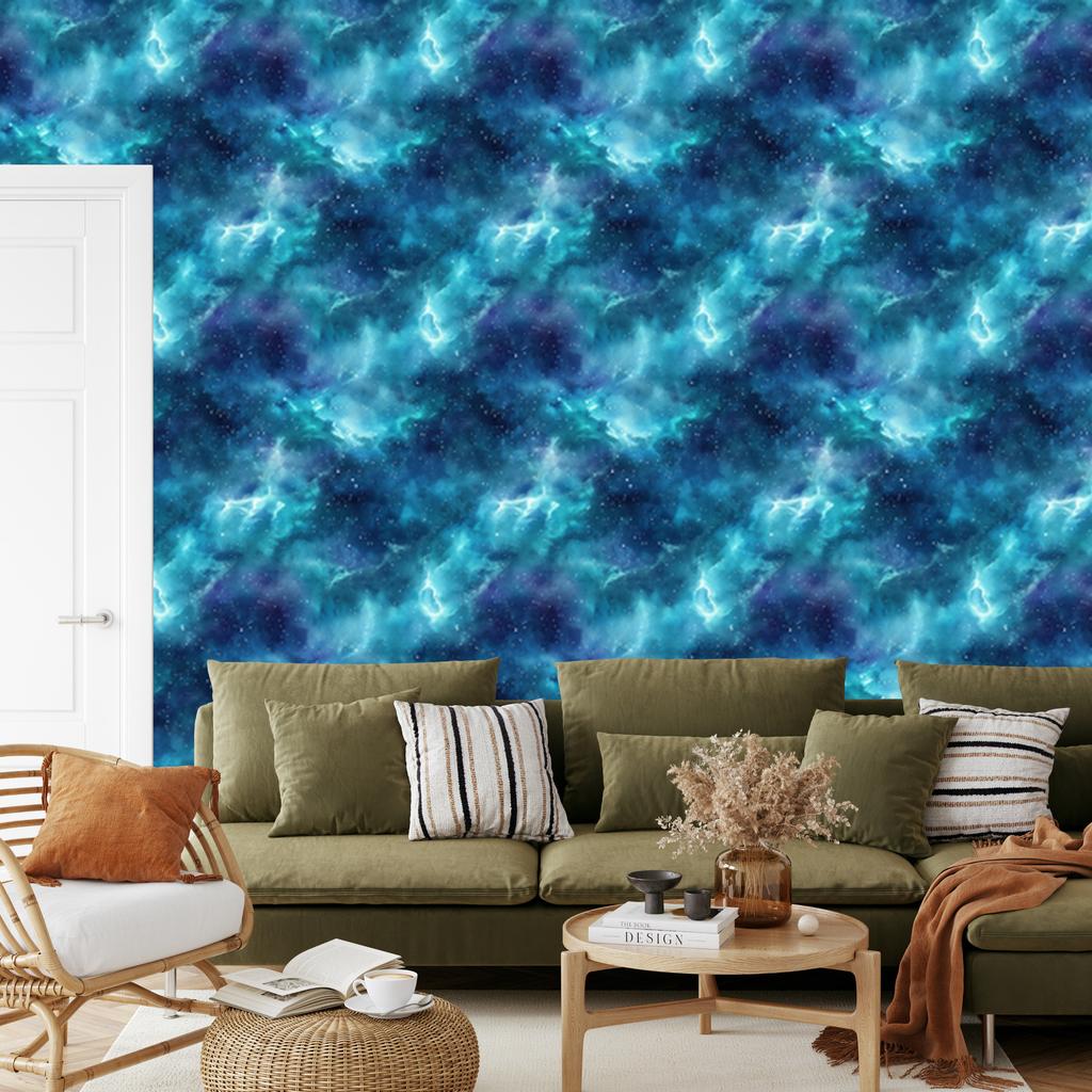 Watercolor Galaxy Wallpaper Blue, Turquoise and Navy Blue 50x1000