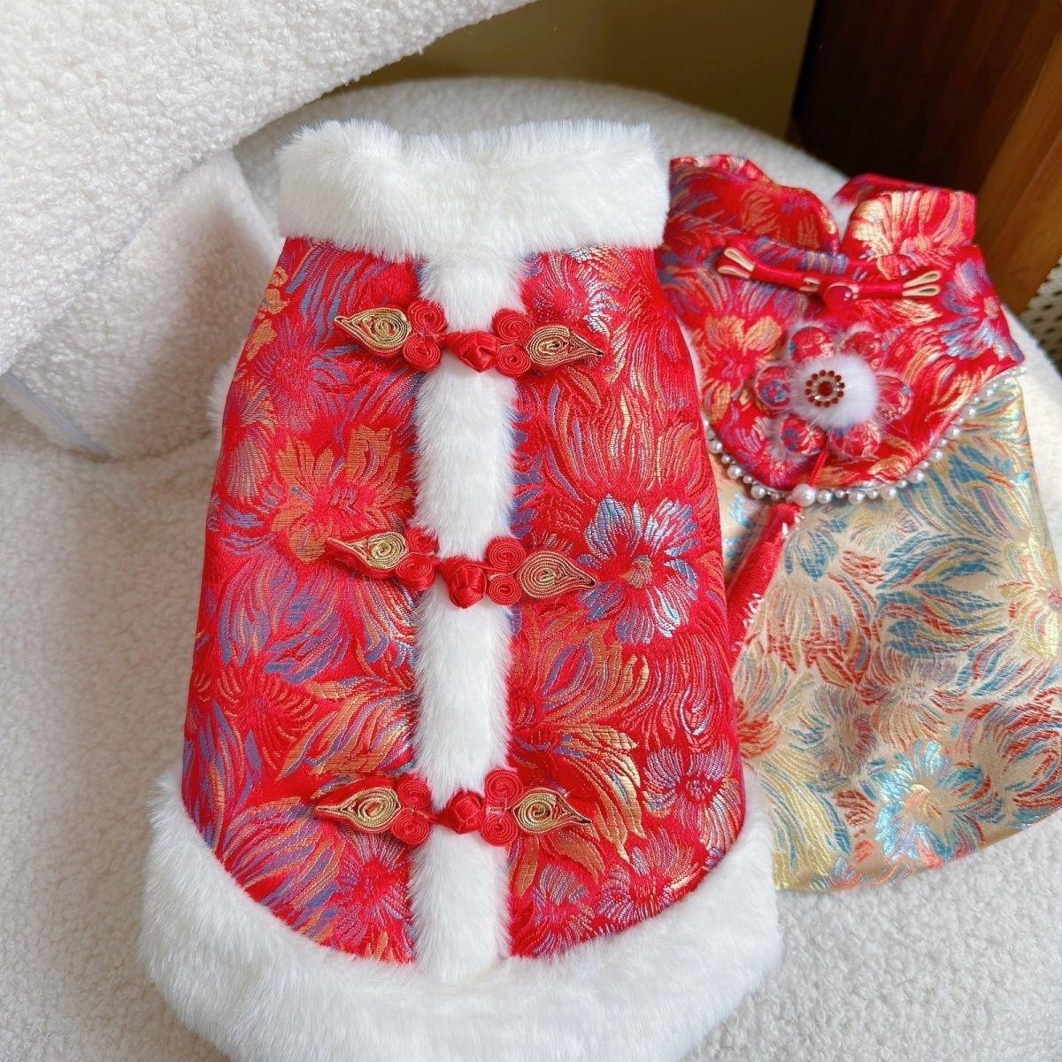 

Chinese Style Tang Costume Woven with Gold and Gilded Pattern for Couples Little Dog Autumn Winter Pet Schnauze New Year Clothes XXL-within 8kg