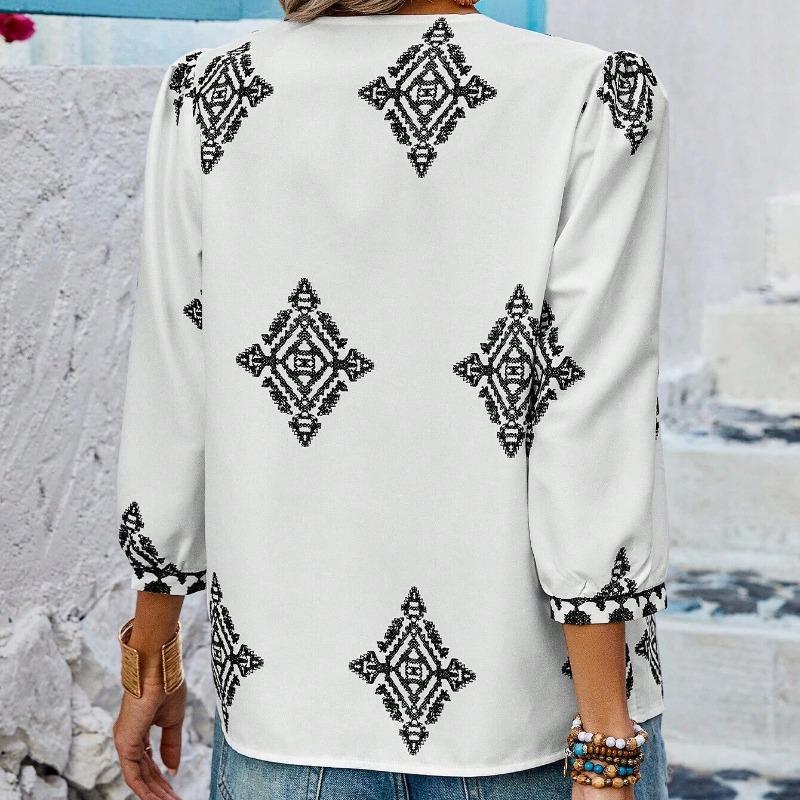 Summer New Fashion Printed V-neck Loose Blouse Women Seven Quarter Sleeve Casual Women's Shirts Tops Vintage Simple Slim Fit Female Blouses 26426