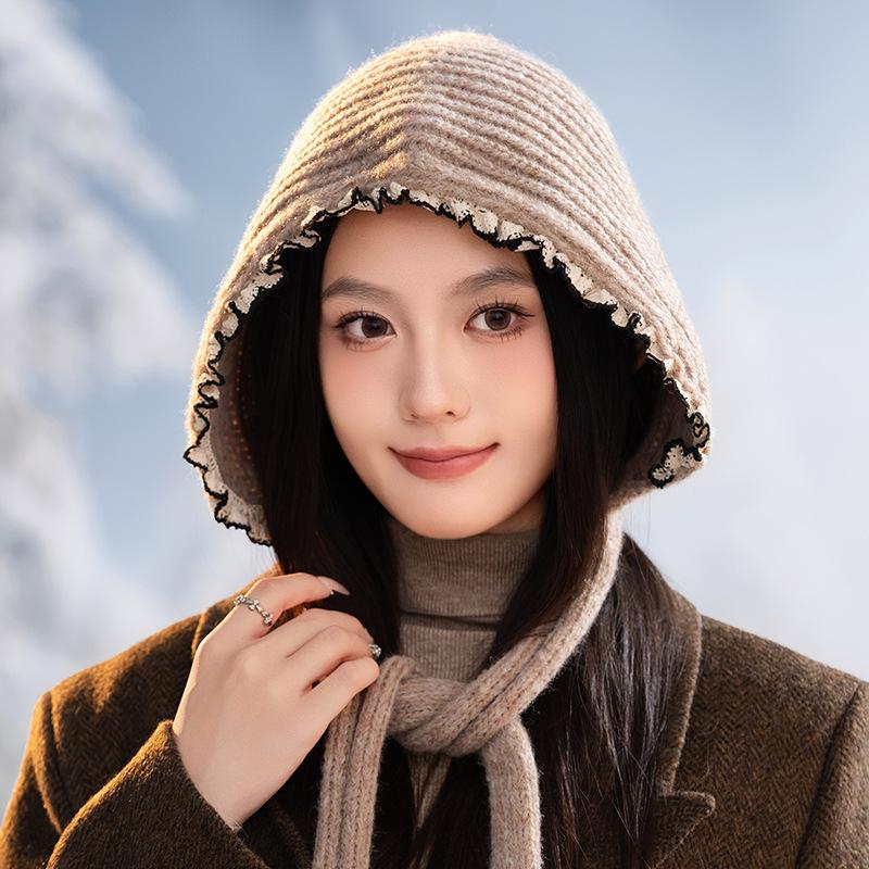 

Универсальная вязаная шерстяная шапка с кружевом, большой окружности головы, ветрозащитная и теплая, шапка-бини с ремешком, осенне-зимняя утолщенная шапка для головы One Size