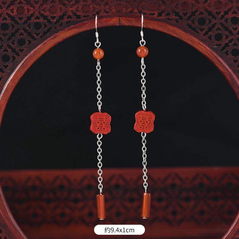 Original cinnabar earrings niche design retro long fringed earrings, natal red earrings for women