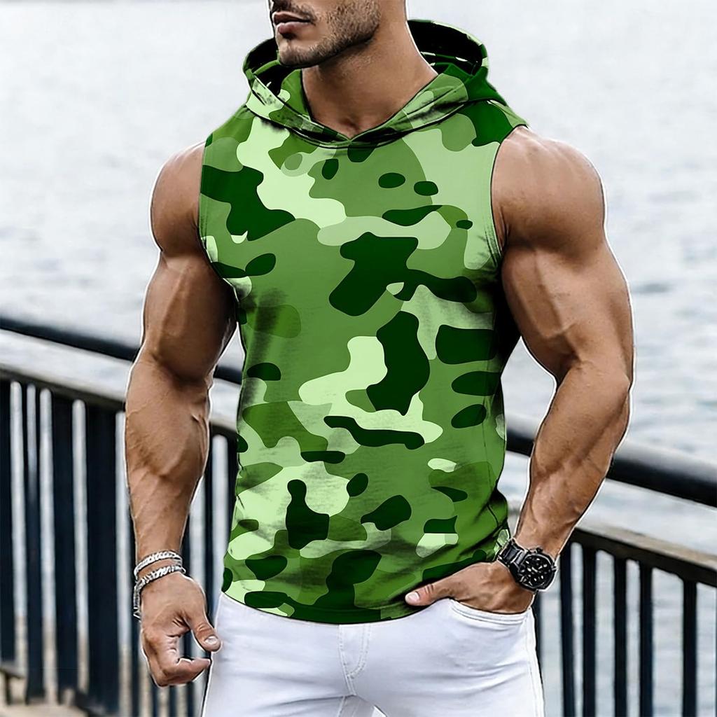 Men's Casual Fashion Printed Sleeveless Hooded Tops | Lightweight Summer Hooded Tank Tops