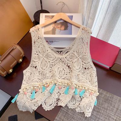 DIMANAF 2025 New Summer T-Shirt Women Knitting Tassel Lace Vest Sleeveless Hollow Style Basic Tops Loose