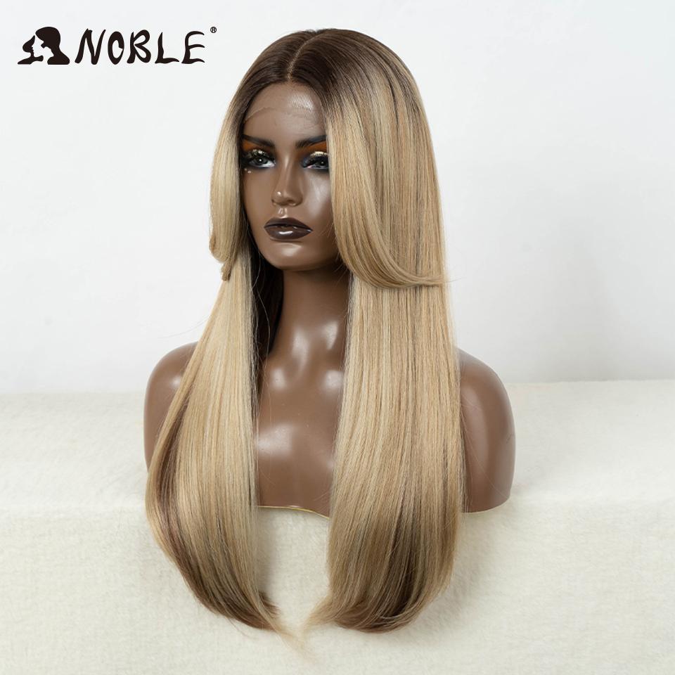 Noble Honey Blonde Synthetic Lace Front Wigs For Women Ombre Brown 24 Inches Straight Lace Wig Highlight Glueless Cosplay Wig