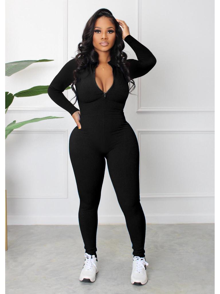 2022 Autumn European and American Pit Stripe Zipper Sports Jumpsuit
