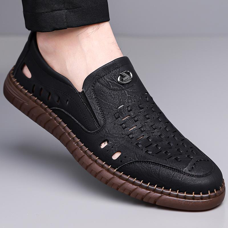 

Fashion Summer New Designer Hallow Leather Shoes for Men Fashion Casual Solid Color Sandals Male Breathable Big Size Driving Shoes Man 38 чёрный