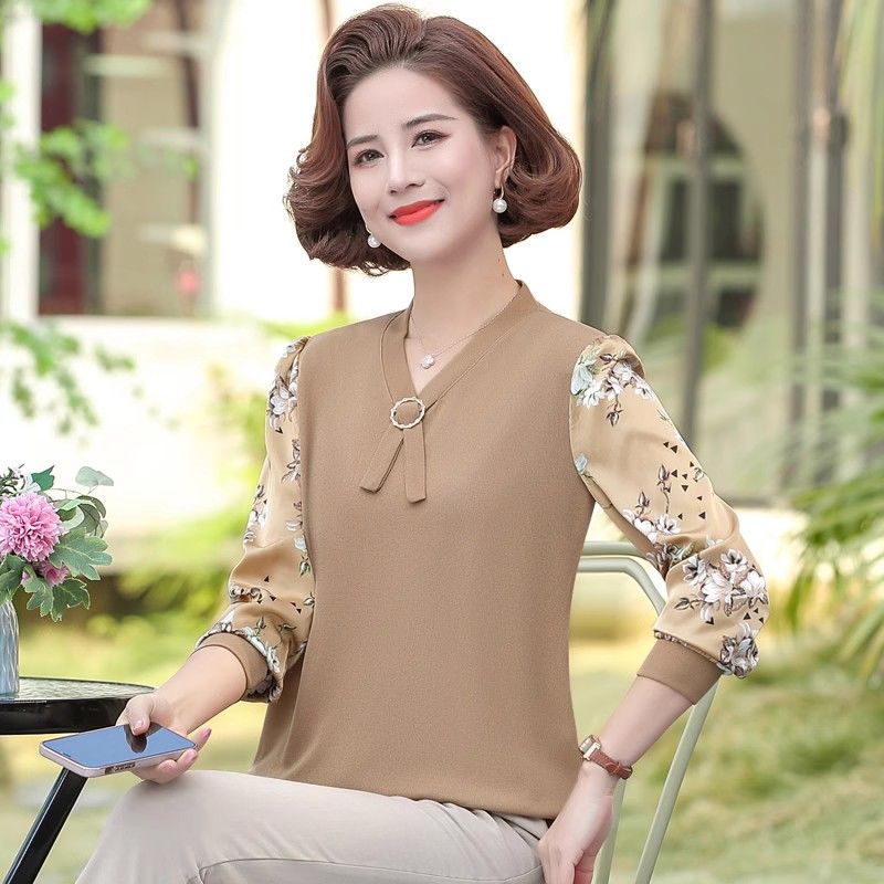 

Весенние топы, весенние и осенние рубашки среднего возраста, женские футболки с длинными рукавами для женщин среднего возраста 5XL коричневый