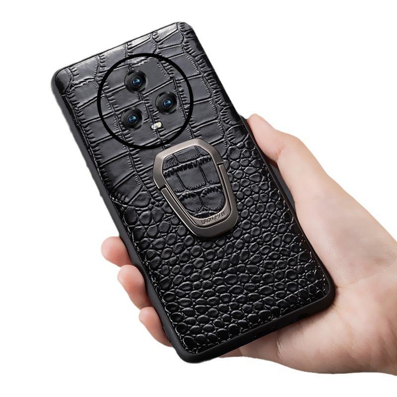 Ochranný kryt z pravé kůže se vzorem krokodýlí kůže pro telefon Honor Magic5 Ultimate a Magic5Pro s držákem.