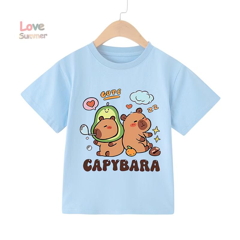 2026 Summer 4-14 Yrs Girls Casual Short-Sleeve T-Shirt Cute Capybara Design Comfortable Fabric for Everyday Outdoor Activities
