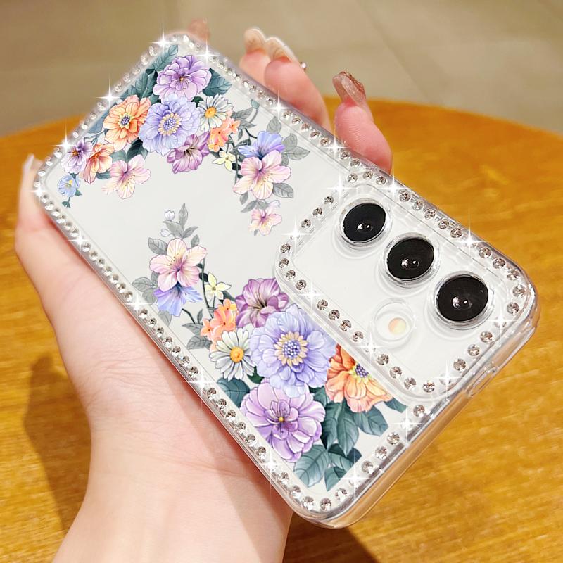 Husă Transparentă cu Cadru Diamant pentru Samsung S25 Edge S24 FE S23 Ultra S22 A56 A36 A16 A15 A55 A35 Model Floral Silicon Moale Antișoc Husă Bumper