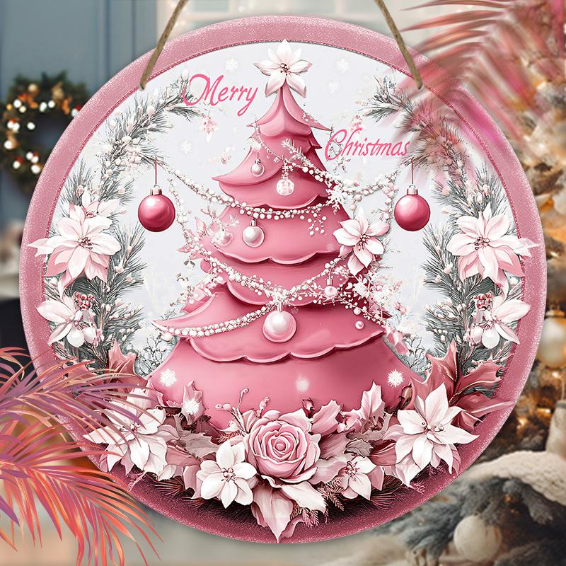 Wooden Pink Christmas Sign, Merry Christmas Round Ornament for Front Door Wall Hanging Decor, Ideal Christmas Gift
