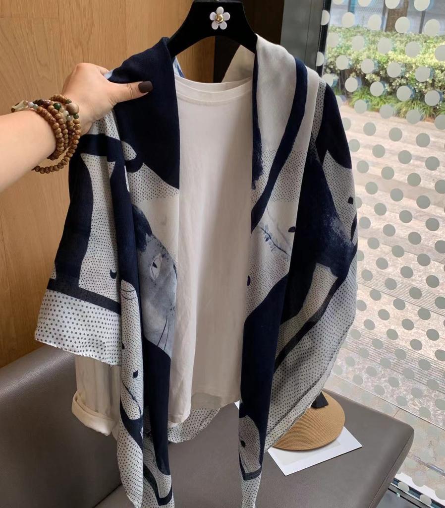 Blue Retro 130 Square Scarf Summer Air-Conditioned Room Shawl Sunscreen Silk Scarf Spring And Autumn Linen Scarf