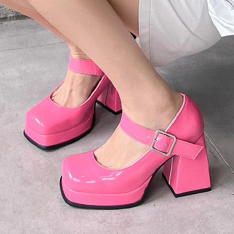 Women's High Heels Pumps Mary Jane Shoes Platform Pink Black Wine Red White Block Heeled Working Party Dance Wedding Shoe Female