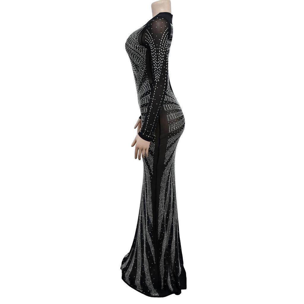 European & American Fashion Women's Solid Color Mesh See-Through Hot Drilling Long Sleeve Dress