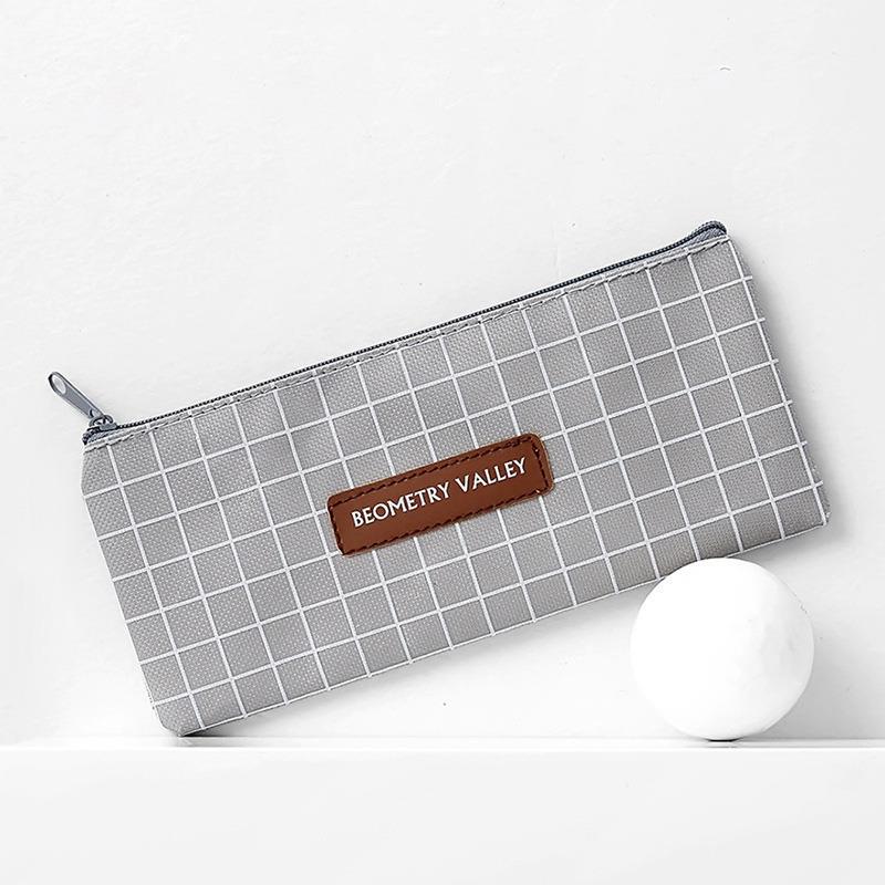 Grid Pencil Case Student School Stationery Canvas Creative Pencilcase Cute Simple Zipper Storage Bag