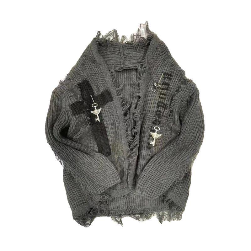 

Dark Subculture Retro Distressed Cardigan Sweater with Holes, Unisex Ripped Punk Mid-Length Knit Jacket Regular Gray Sweater One size fits all