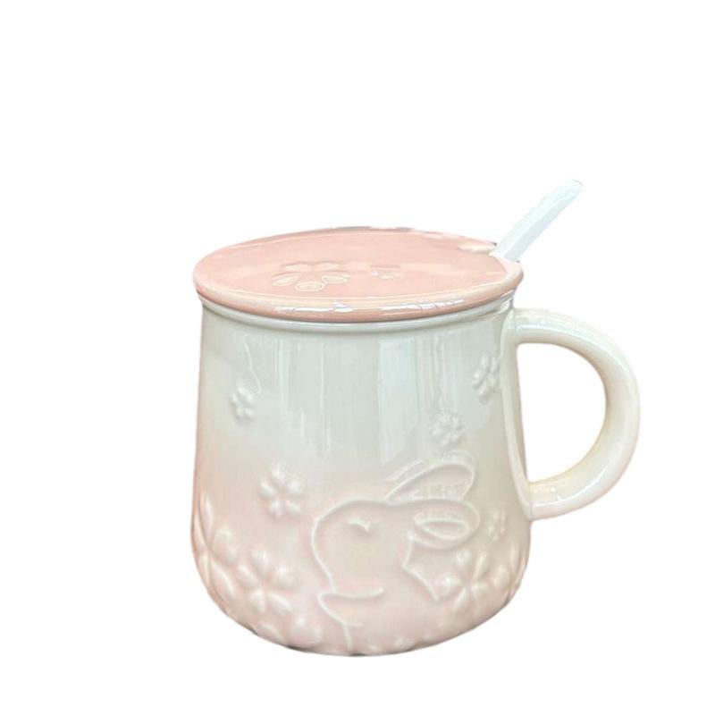 Rabbit Mug with Lid Spoon Cup for Men and Women Ceramic Drinking Water Cup Couple Cartoon High Value Large Capacity Coffee Cup
