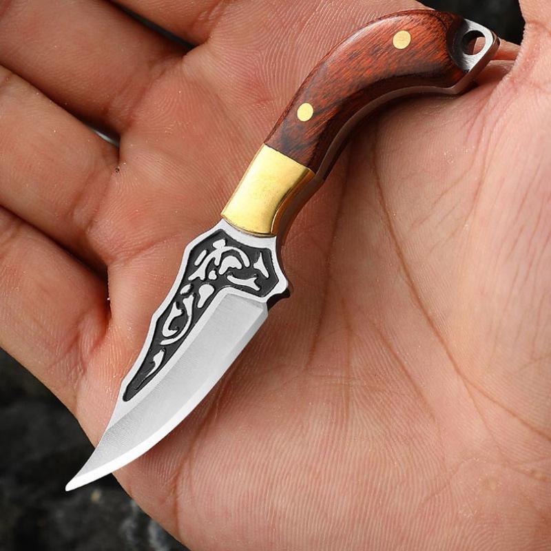 Wooden Handle Mini Pocket Knife Keychain Unboxing Cutter with Leather Cover Embossment Blade Surviva Multitool Outdoor Gift