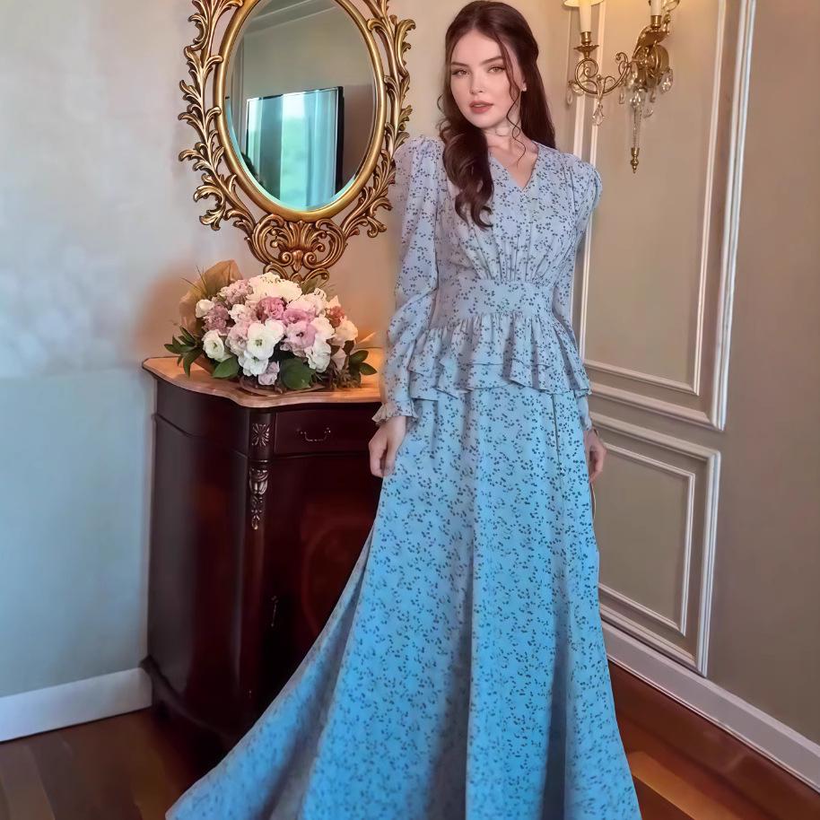 

2025 Европейский и американский летний принт, утягивающий пояс для похудения, платье-рубашка M небесно-голубой