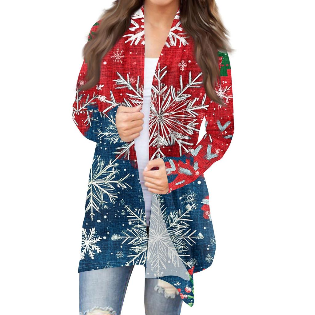 Dame Mote Casual Jul Print Medium Lengde Cardigan Jakke Kåpe