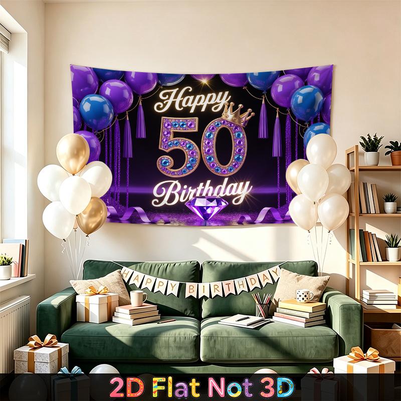 Party Backdrop Happy 50Th Birthday Birthday Blue Purple 50Th Photo Booth Background Front Door Decor