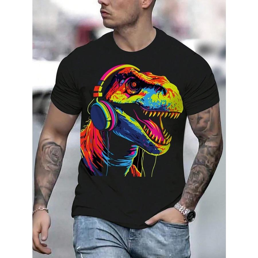 Sommer Urban Fashion Herren T-Shirt Täglich Casual Kurzarm Top Outdoor Street Komfort T-Shirt Buntes Dinosaurier-Print T-Shirt
