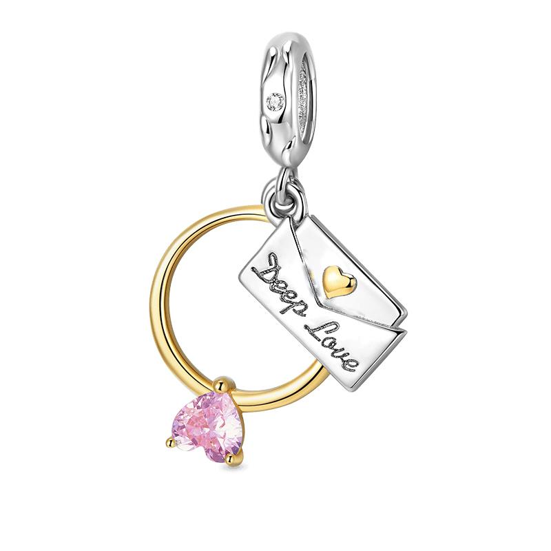 New 925 Silver Pink Heart Envelope Pendant Bead Charm Bracelet Necklace Jewelry Accessories for Women Girls