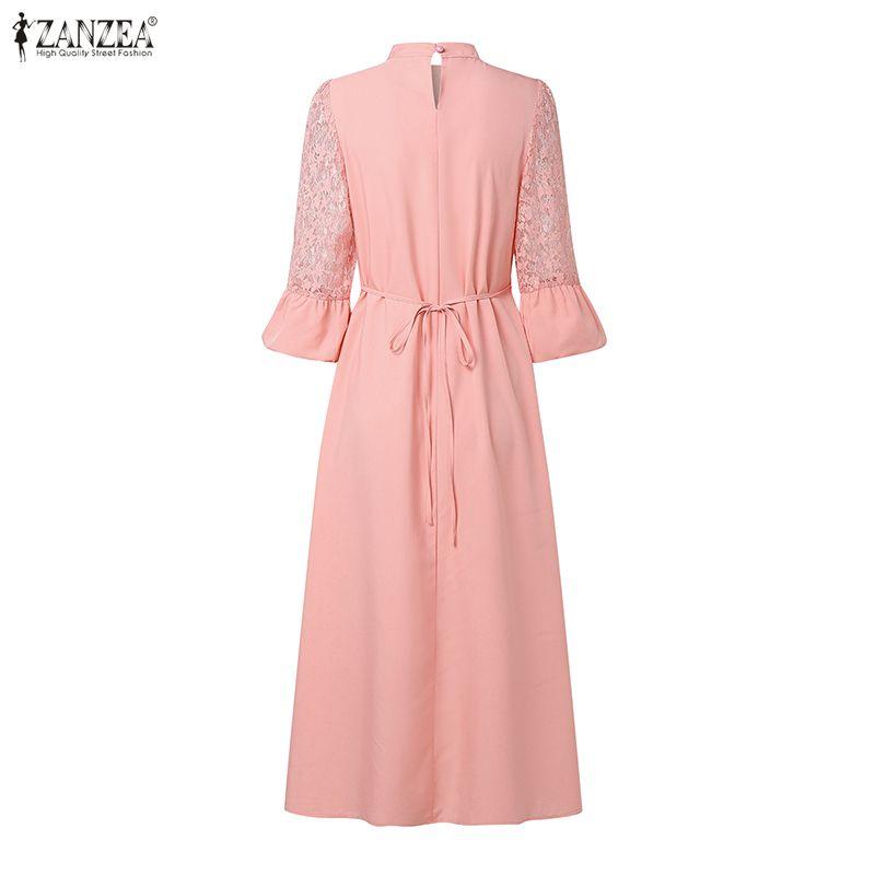 ZANZEA Women Casual Stand Collar Loose Long Sleeve Patchwork Lace Dress